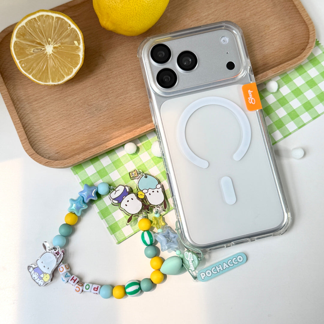 เคส pochacco sanrio phone case ซานริโอ้ โปเชโกะ ของแท้ โทรศัพท์ มือถือ ลิขสิทธิ์แท้ สีเขียว ฟ้า เหลือง ลูกเจี๊ยบ pi-chans phone accessories sheep phone charm สายห้อยมือถือ ลูกปัด ลายน่ารัก 