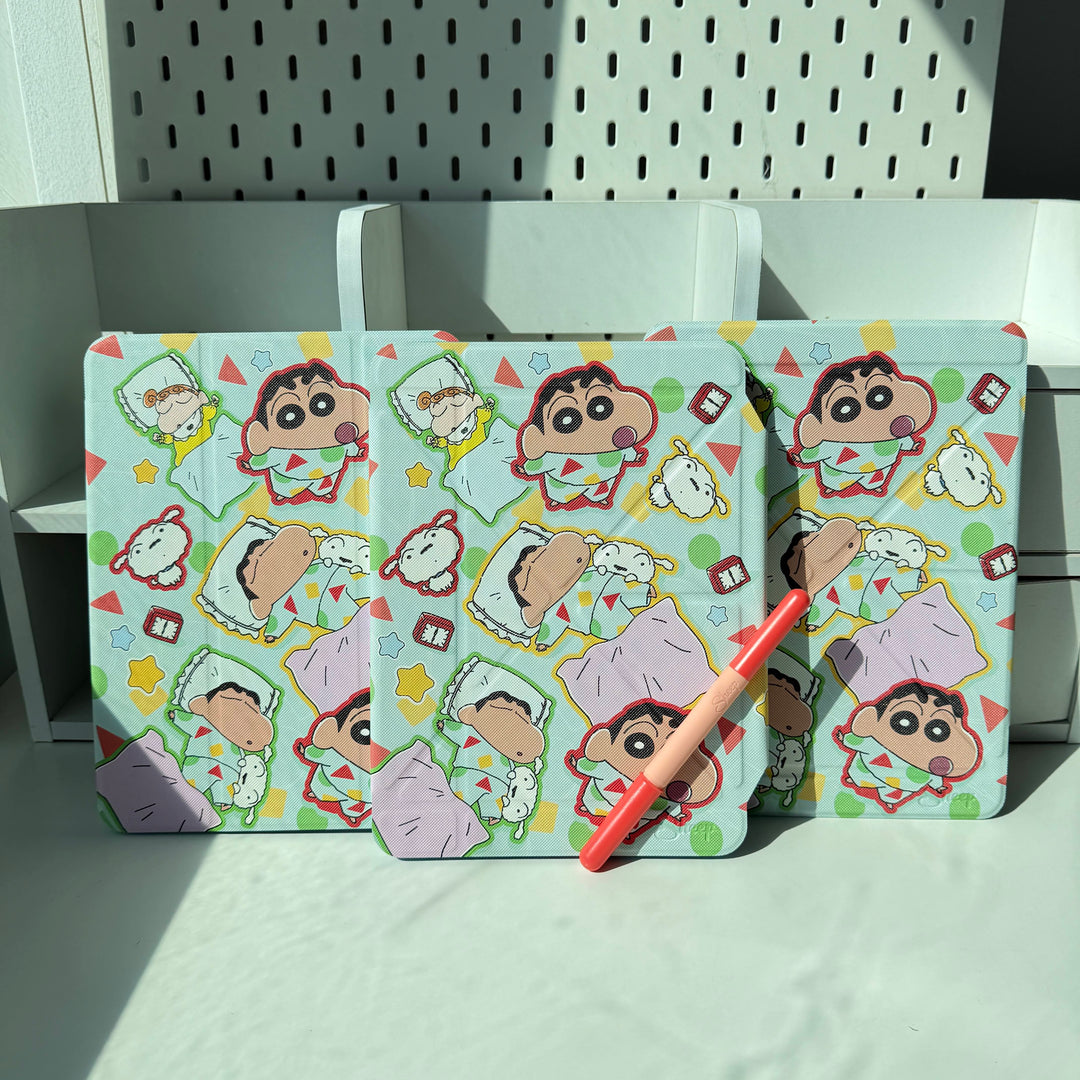 เคส ไอแพด crayon shinchan ชุดนอน ชินจัง จอมแก่น shiro หมา ชิโร่ ฮิมาวาริ himawari ลิขสิทธิ์แท้ ipad case สีเขียว กันกระแทก กันงอ แถม ปลอกปากกา พับได้ แนวตั้ง นอน