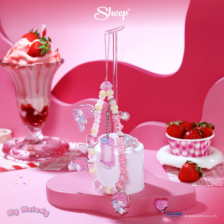 phone charm my melody สายห้อยมือถือ มายเมโลดี้ ลูกปัด สีชมพู ขาว ใช้คู่เคส sanrio ลิขสิทธิ์แท้ accessories ซานริโอ้