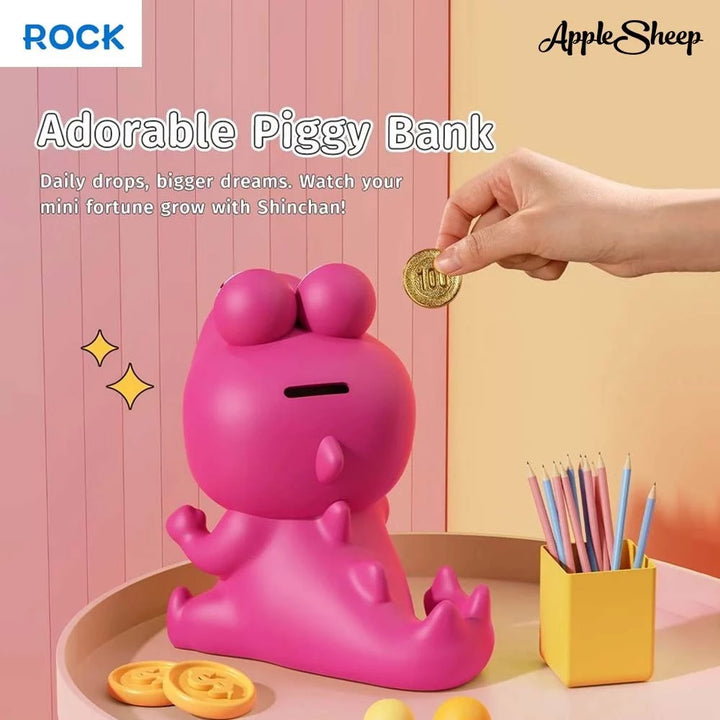 กระปุกออมสิน ชินจัง rock shinchan piggy bank ช็อคโกบี สีชมพู ขาตั้งมือถือ หยอดเหรียญ