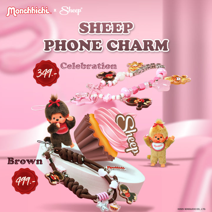 สายห้อยมือถือ monchhichi beige sheep phone charm ม่อนชิชิ สีชมพู เบจ ทอง น้ำตาล ลูกปัด แบบเชือก accessories มอนชิชิ