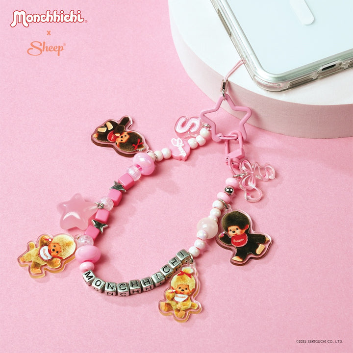 phone charm sheep monchhichi beige ม่อนชิชิ สายห้อยมือถือ ลูกปัด สีชมพู เบจ ทอง มอนชิชิ accessories ตะขอ ห้อยกระเป๋า