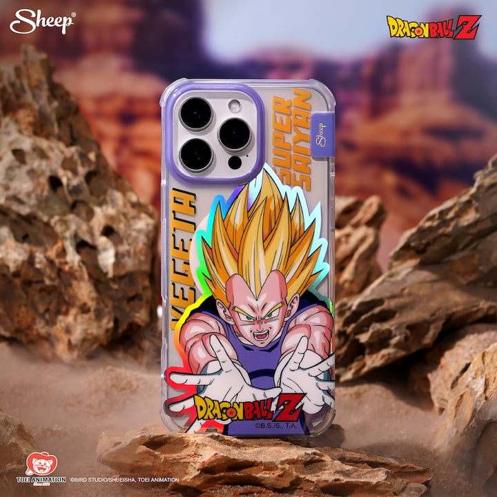 ภาพเคสไอโฟน MagSafe Dragon Ball Z ลายพิเศษ แสดงความเงางามของโฮโลแกรมเมื่อสะท้อนแสง