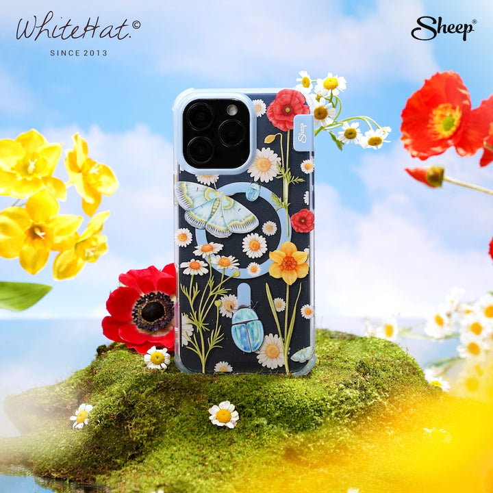 เคสไอโฟน แบบใสโชว์สีเครื่อง Whitehat ลายดอกไม้ ใช้กับเครื่องดำ iPhone Magsafe