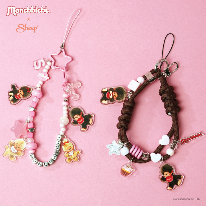 sheep phone charm monchhichi beige สายห้อยมือถือ ม่อนชิชิ สีชมพู เบจ ทอง มอนชิชิ accessories ลูกปัด แบบเชือก ตะขอ ห้อยกระเป๋า