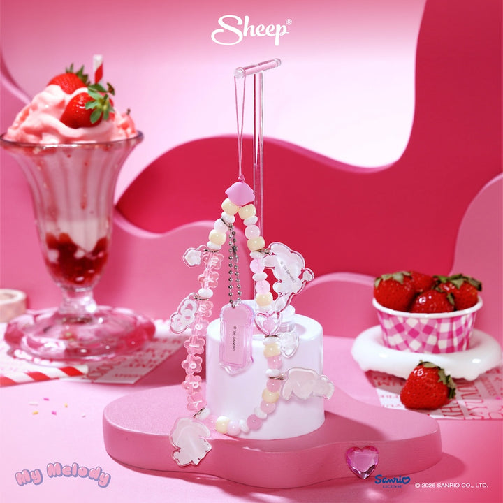 สายห้อยมือถือ my melody ลูกปัด สีชมพู ขาว phone charm มายเมโลดี้ ใช้คู่เคส sanrio ลิขสิทธิ์แท้ accessories ซานริโอ้